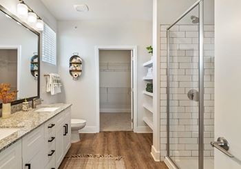 A bathroom with a walk-in shower and a sink.